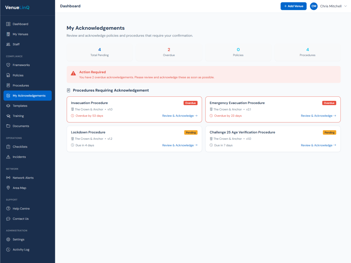 Staff acknowledgement tracking